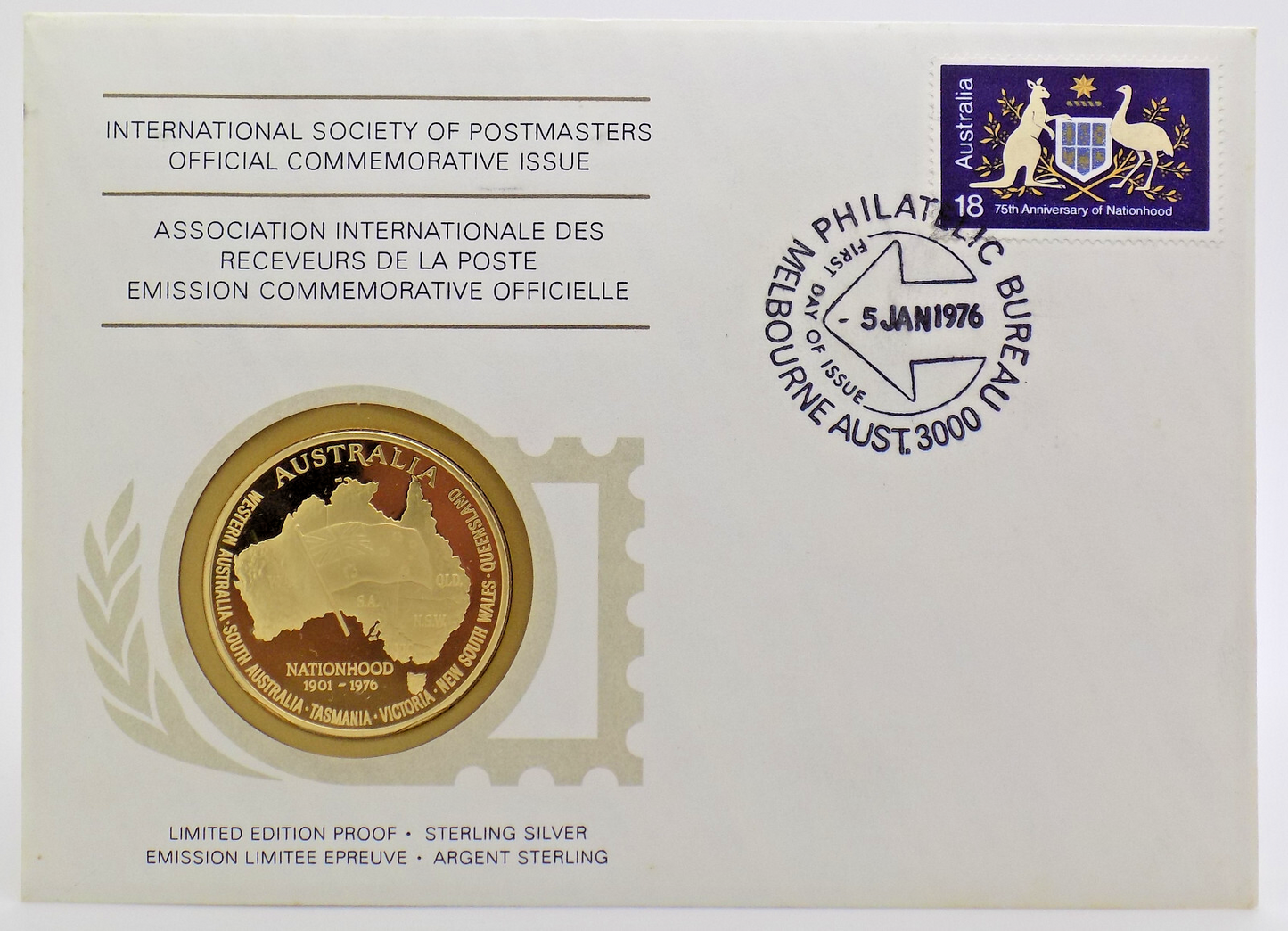 1976 Australia Nationhood INT'L Society of Postmasters Silver Proof Medal PNC