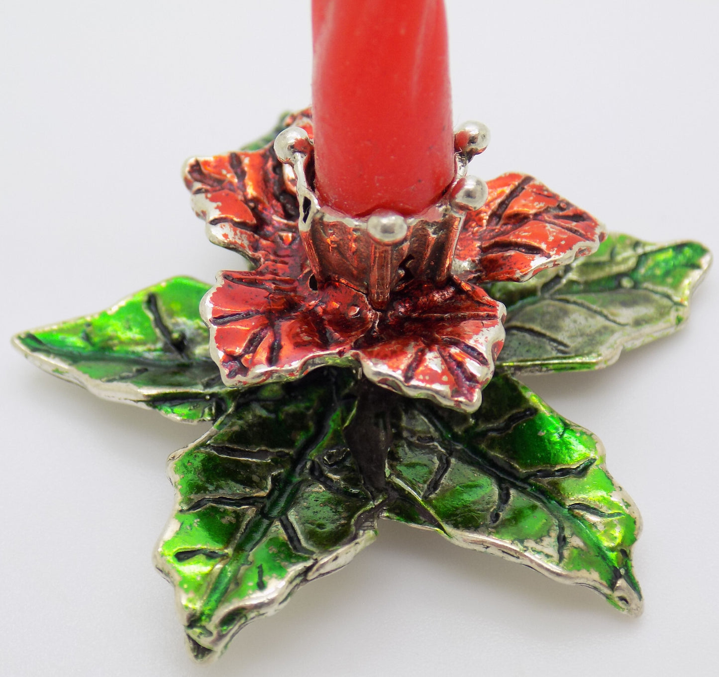Vintage Italian Handmade Genuine Silver .800 Christmas Poinsettia Candle Holder