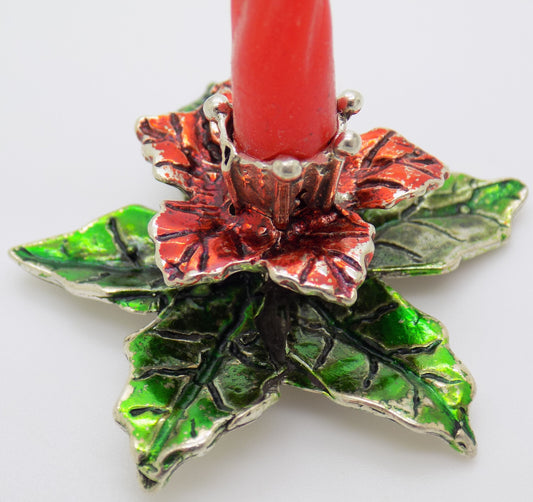 Vintage Italian Handmade Genuine Silver .800 Christmas Poinsettia Candle Holder