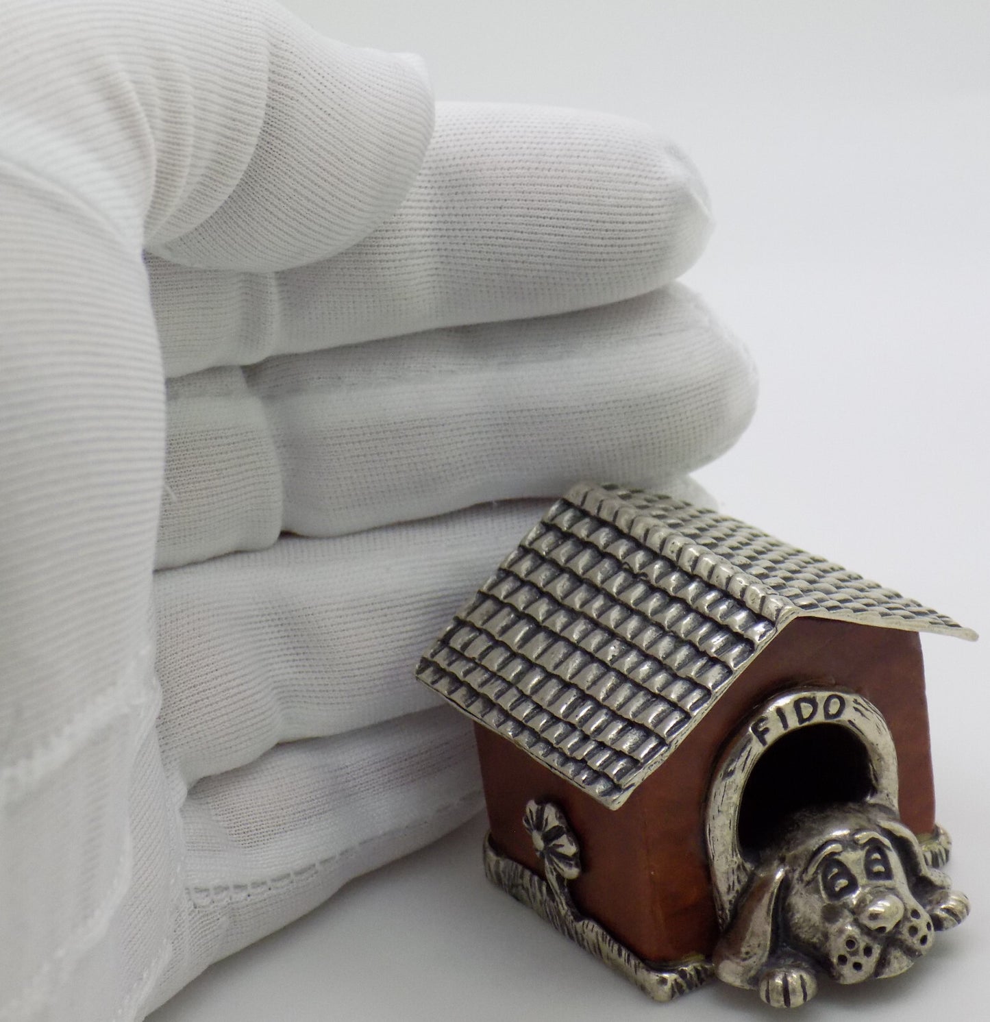 Vintage Italian Handmade Genuine Silver & Wooden LARGE Doghouse & Dog Figurine