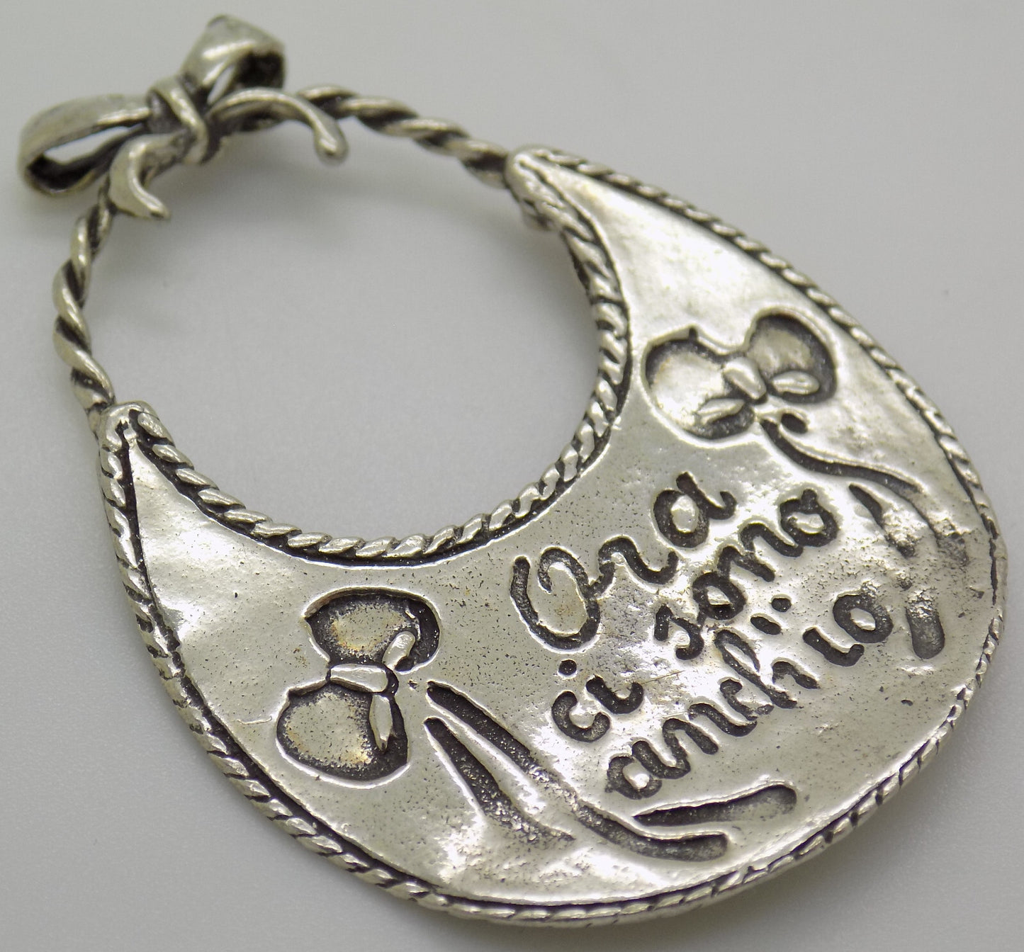 Vintage Italian Handmade Genuine Silver Baby Bib "Ora ci sono anch'io" Miniature