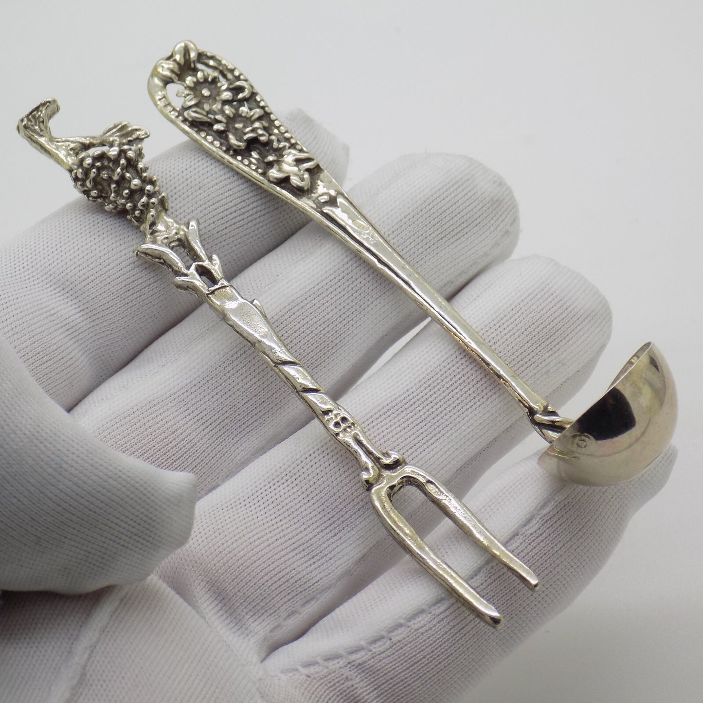 Vintage Italian Handmade Genuine Silver Cocktail Fork & Cherry/Olive Mini Ladle