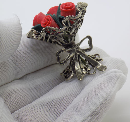 Vintage Handmade Italian Genuine Silver Rose Bouquet Dollhouse Miniature