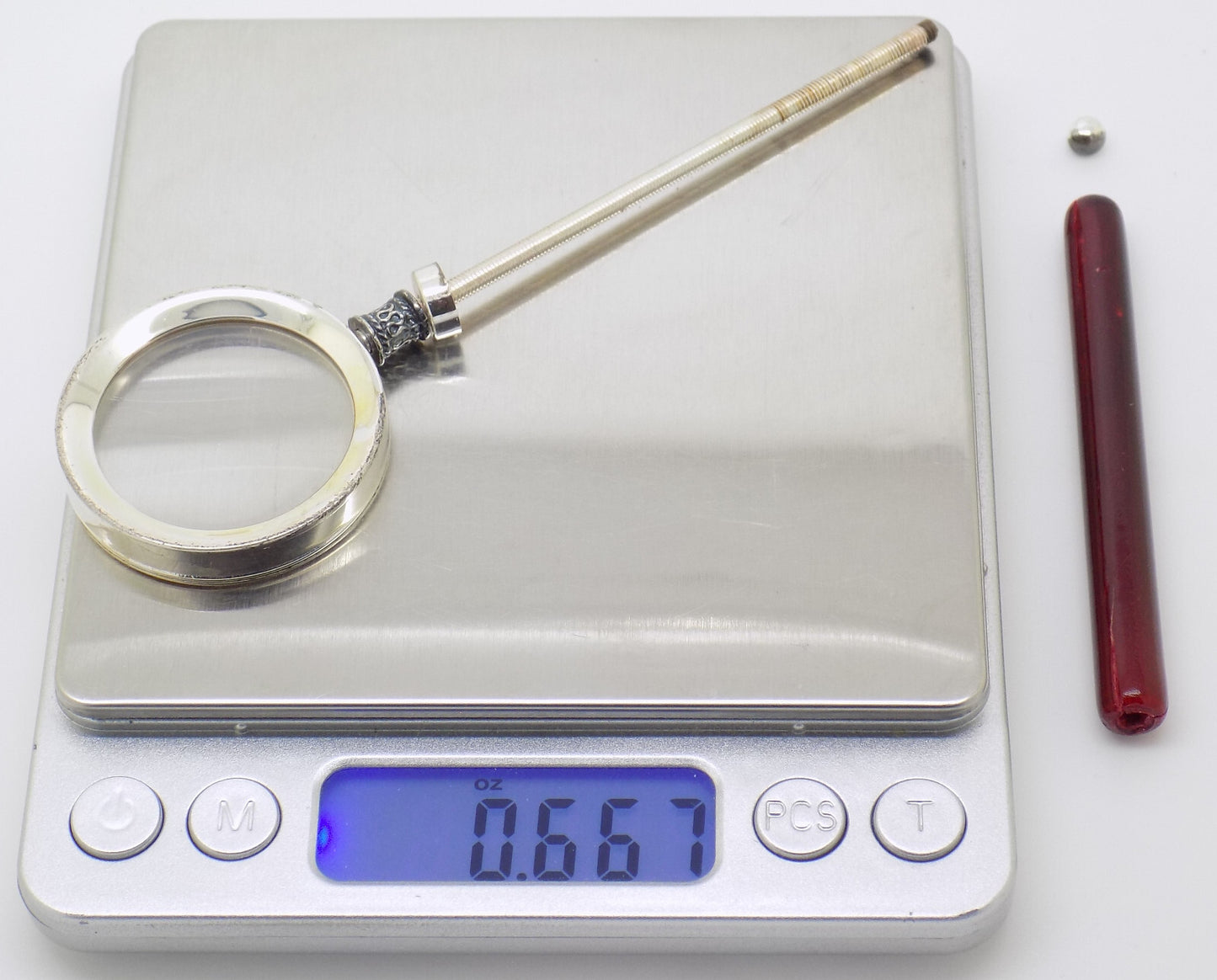 Vintage Italian Handmade Genuine Silver Purse Magnifier with Wooden Handle