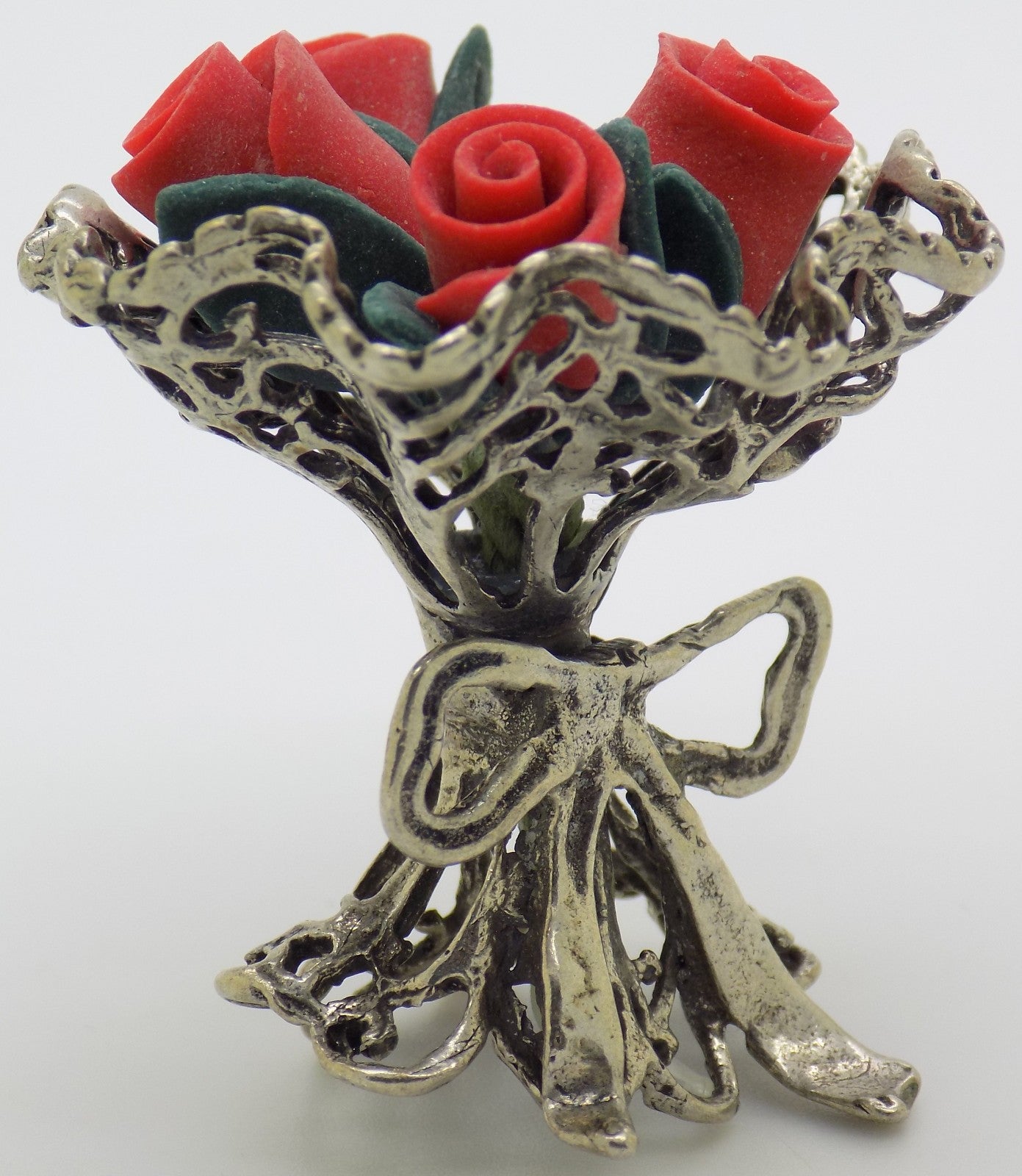 Vintage Handmade Italian Genuine Silver Rose Bouquet Dollhouse Miniature