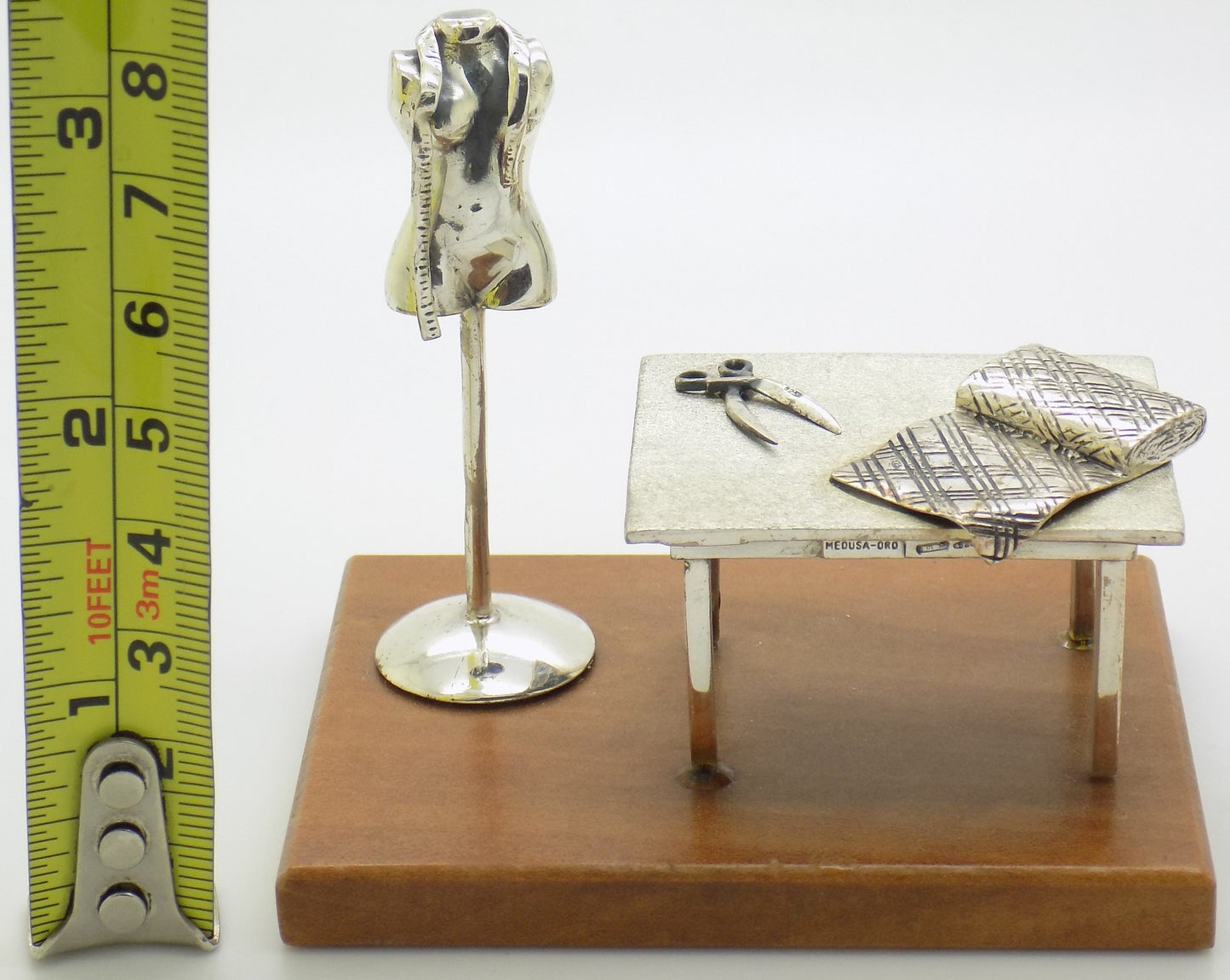 Vintage Italian Sterling Silver & Wood Medusa-Oro Sewing Studio Set Figurine