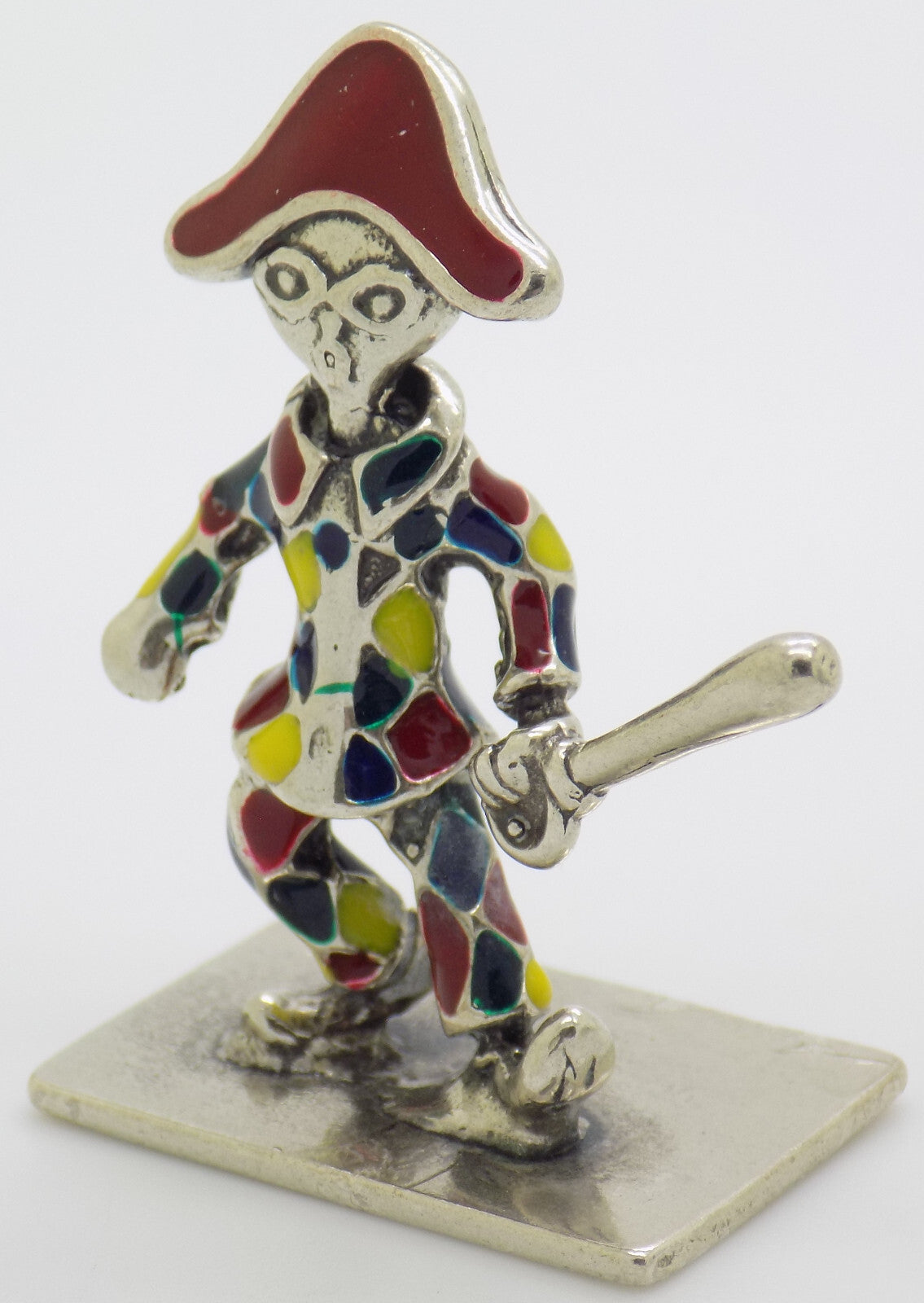 Vintage Italian Handmade Genuine Silver .800 Carnival Harlequin Enamel Figurine