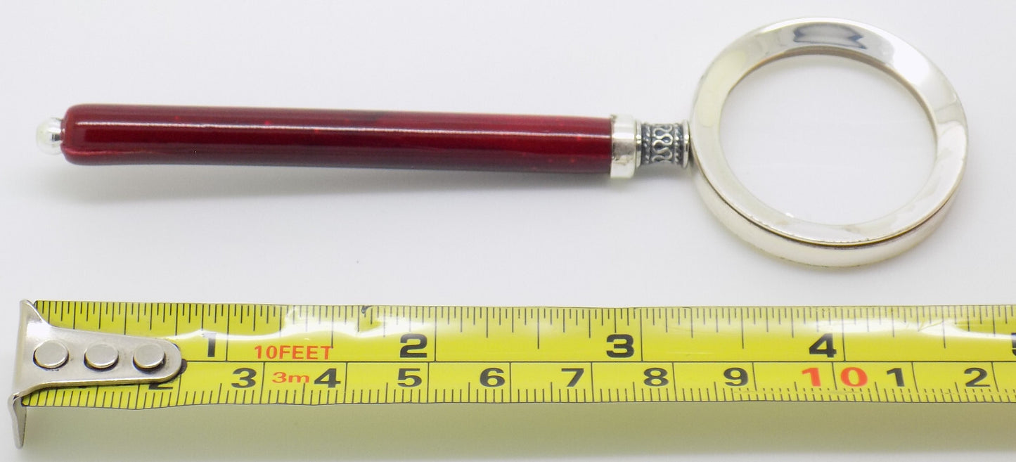 Vintage Italian Handmade Genuine Silver Purse Magnifier with Wooden Handle