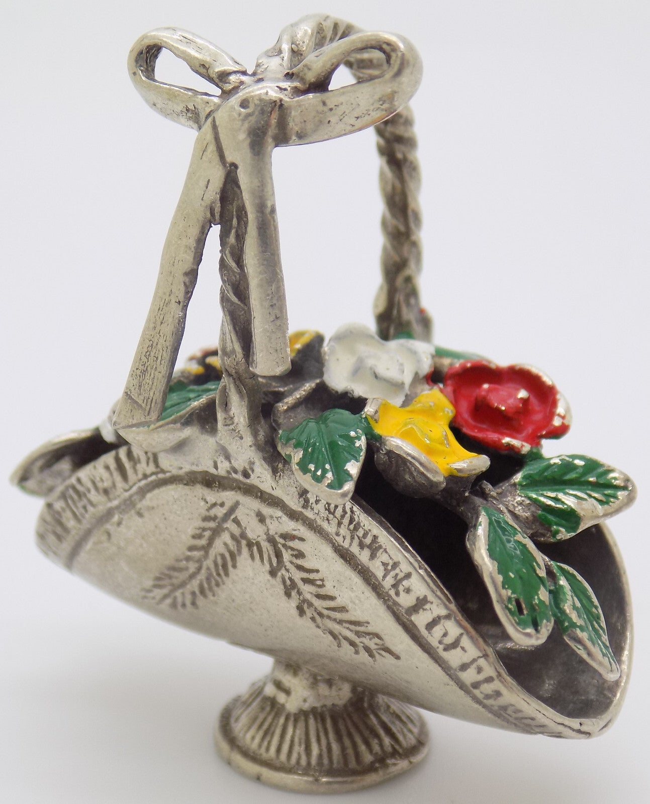 Vintage Italian Handmade Genuine Silver Flower Basket RARE Dolhouse Miniature