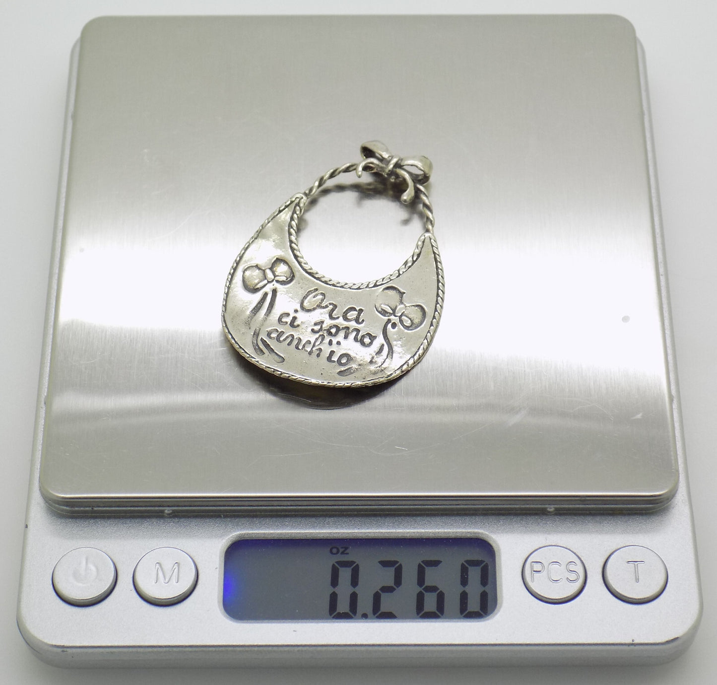 Vintage Italian Handmade Genuine Silver Baby Bib "Ora ci sono anch'io" Miniature