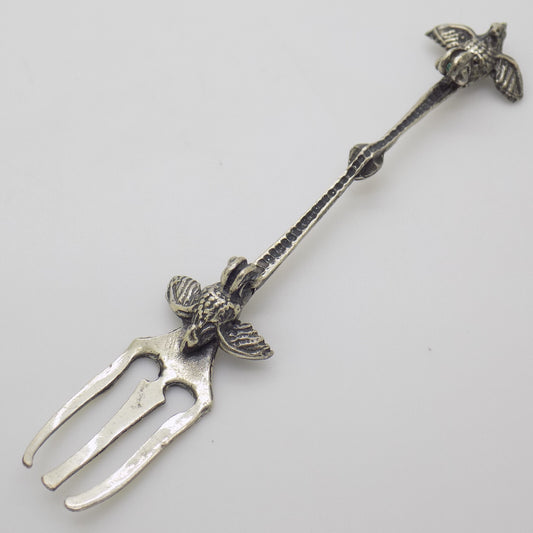 Vintage Italian Handmade Genuine Silver 800 Decorative Cocktail Fork with Birds