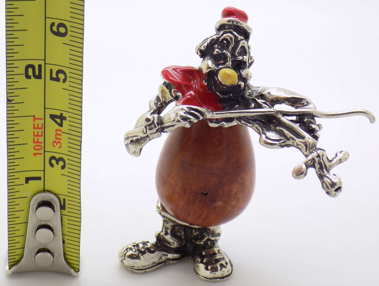 Vintage Italian Handmade Genuine Silver & Wood Clown w/t Violin Figurine
