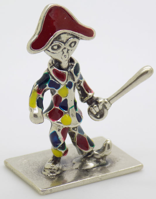 Vintage Italian Handmade Genuine Silver .800 Carnival Harlequin Enamel Figurine