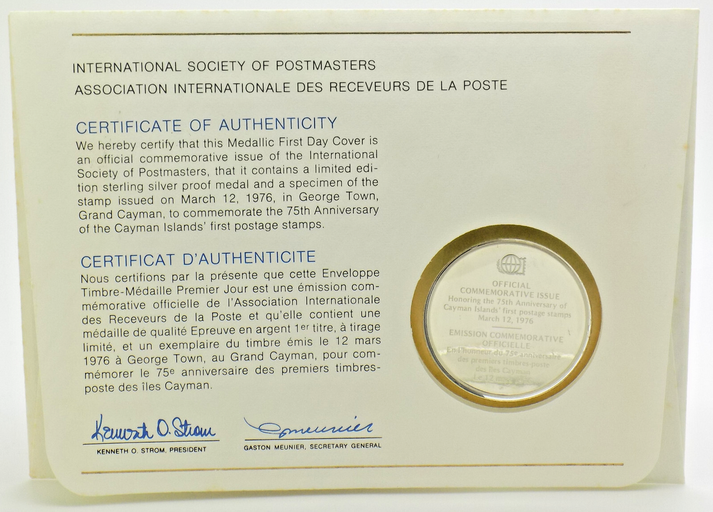 1976 Int'l Society of Postmasters Cayman Islands 1st Postage Stamps Silver Medal