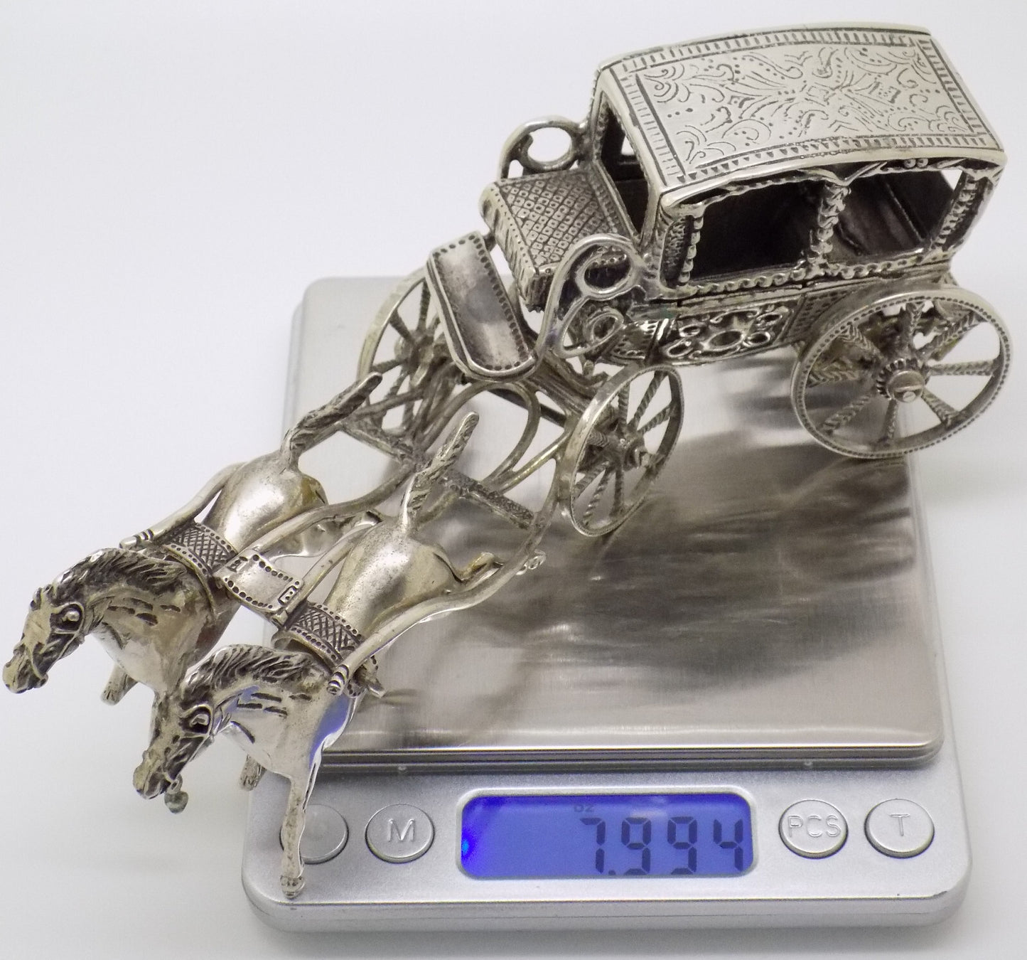 Vintage Italian Handmade Genuine Silver Large Royal Carriage w/t Horses Statue