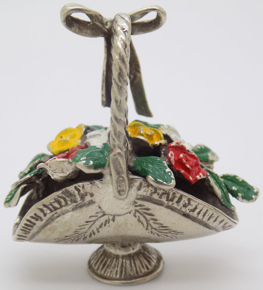 Vintage Italian Handmade Genuine Silver Flower Basket RARE Dolhouse Miniature