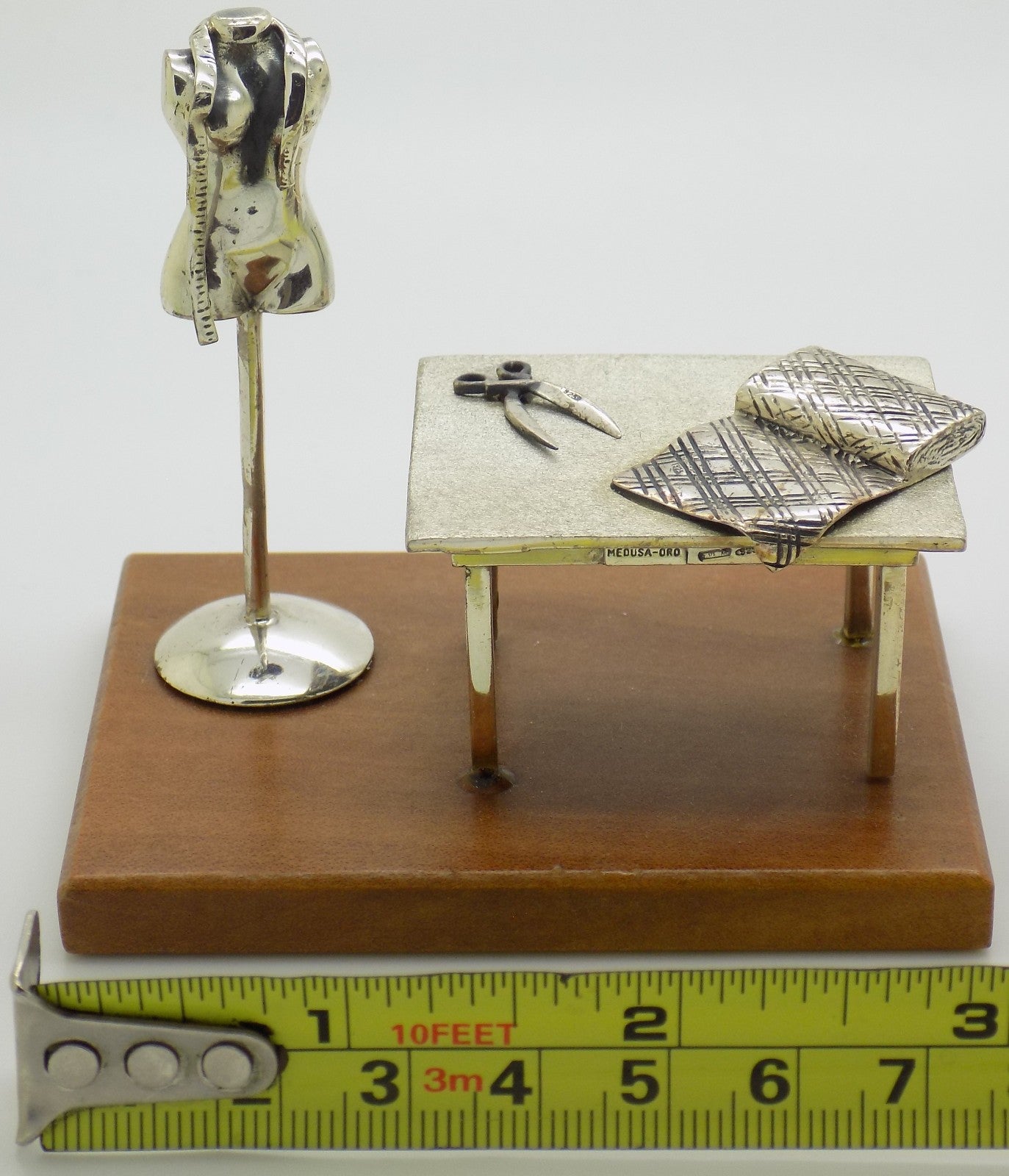 Vintage Italian Sterling Silver & Wood Medusa-Oro Sewing Studio Set Figurine