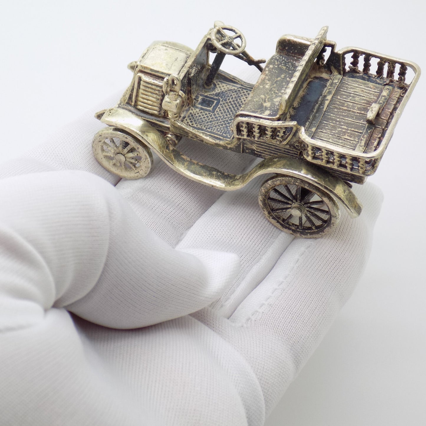 Vintage Italian Handmade Genuine Silver Tonneau Renault 1900 Car RARE Figurine