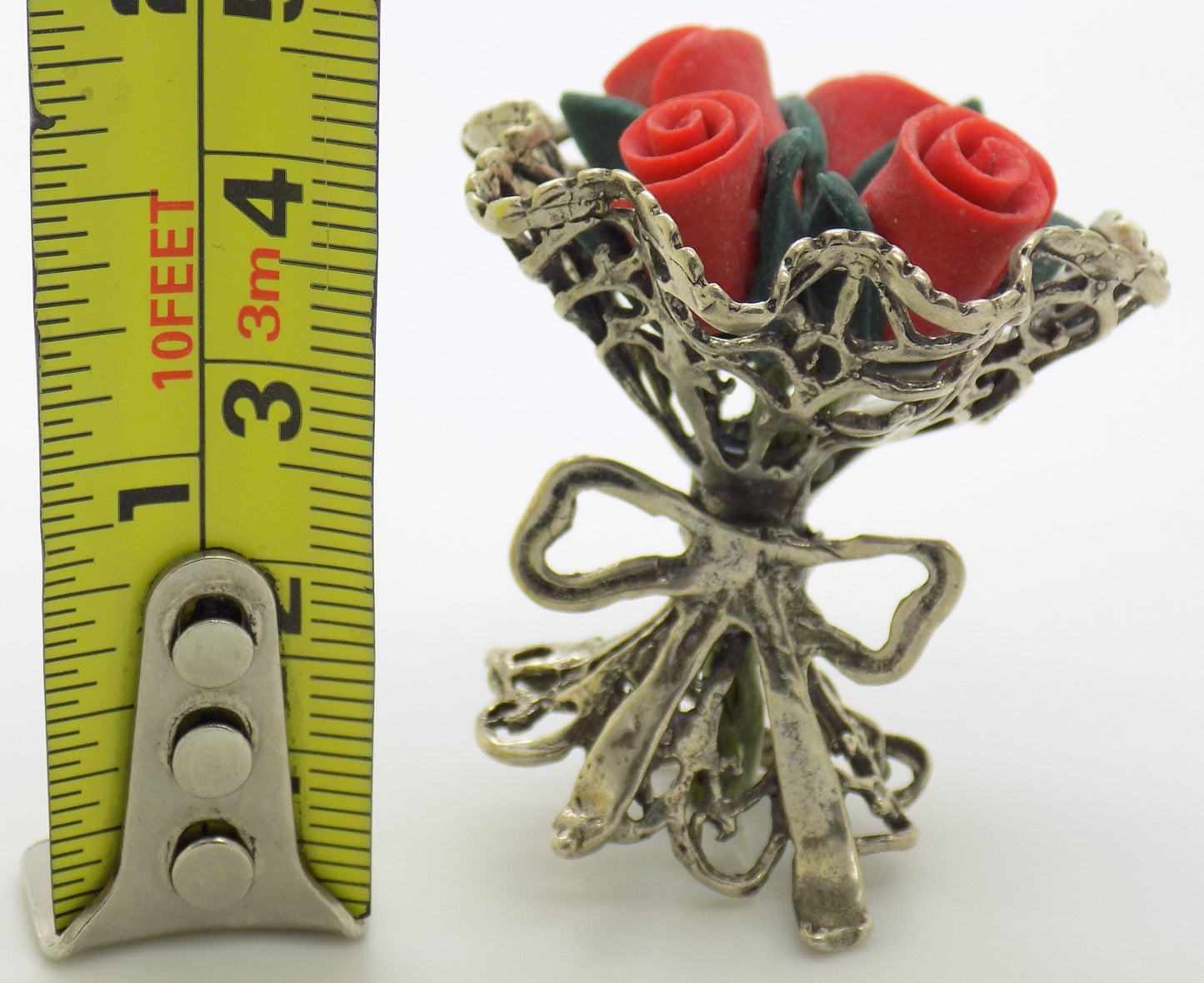 Vintage Handmade Italian Genuine Silver Rose Bouquet Dollhouse Miniature