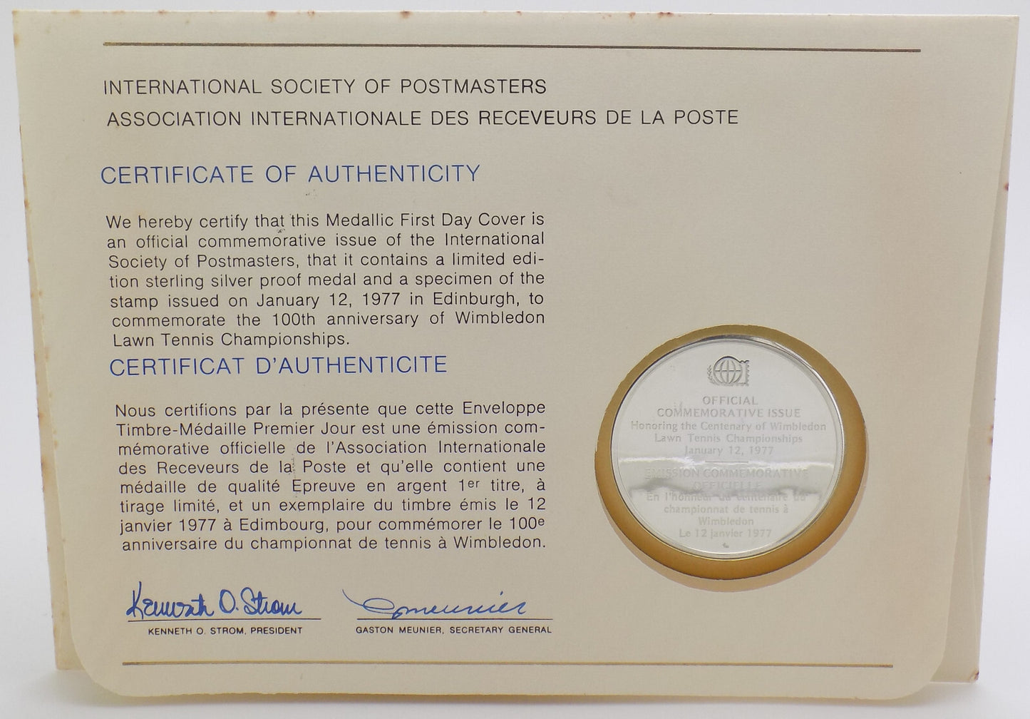 1977 Int'l Society of Postmasters 100 Years of Tennis in Wimbledon Silver Medal