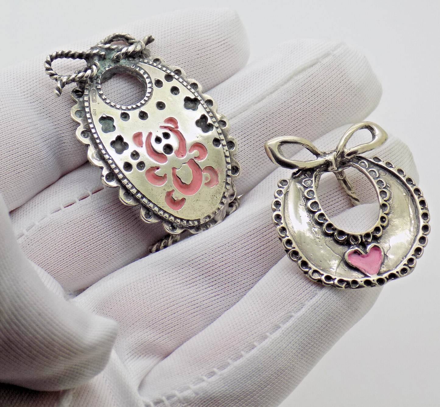 Vintage Italian Handmade Genuine Silver .800 Two Baby Bibs Figurines Miniatures