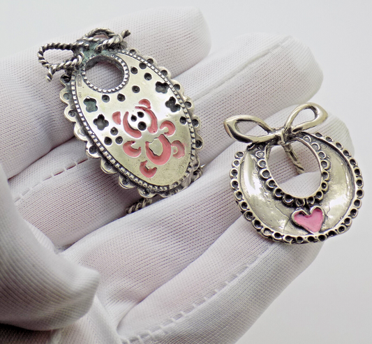 Vintage Italian Handmade Genuine Silver .800 Two Baby Bibs Figurines Miniatures