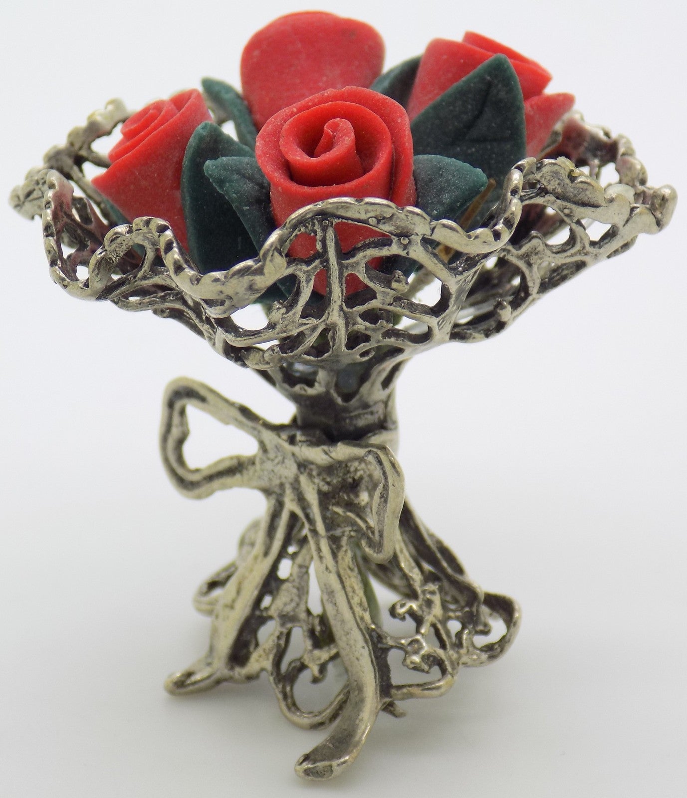 Vintage Handmade Italian Genuine Silver Rose Bouquet Dollhouse Miniature