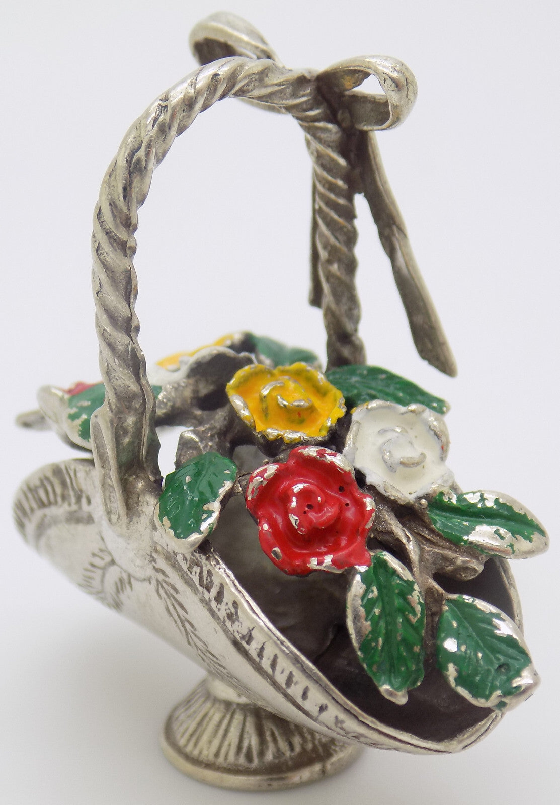 Vintage Italian Handmade Genuine Silver Flower Basket RARE Dolhouse Miniature