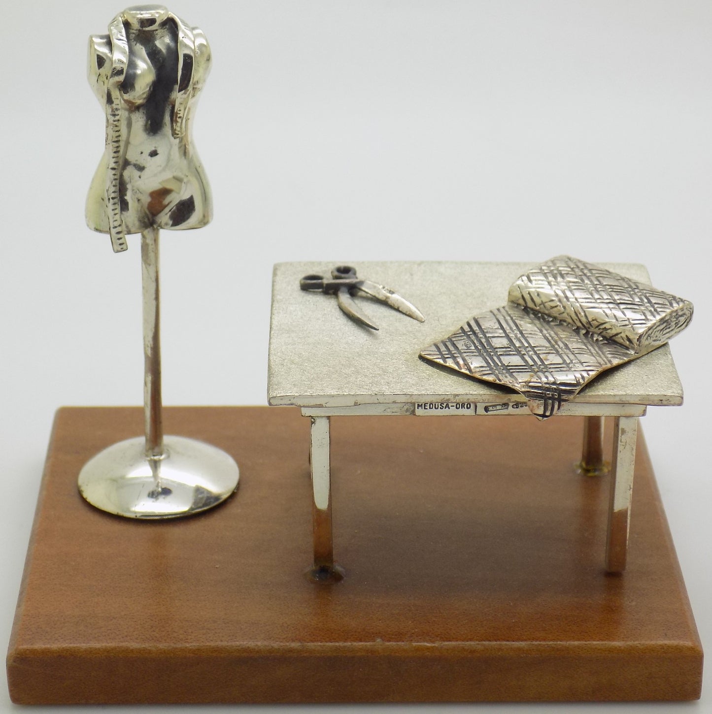 Vintage Italian Sterling Silver & Wood Medusa-Oro Sewing Studio Set Figurine