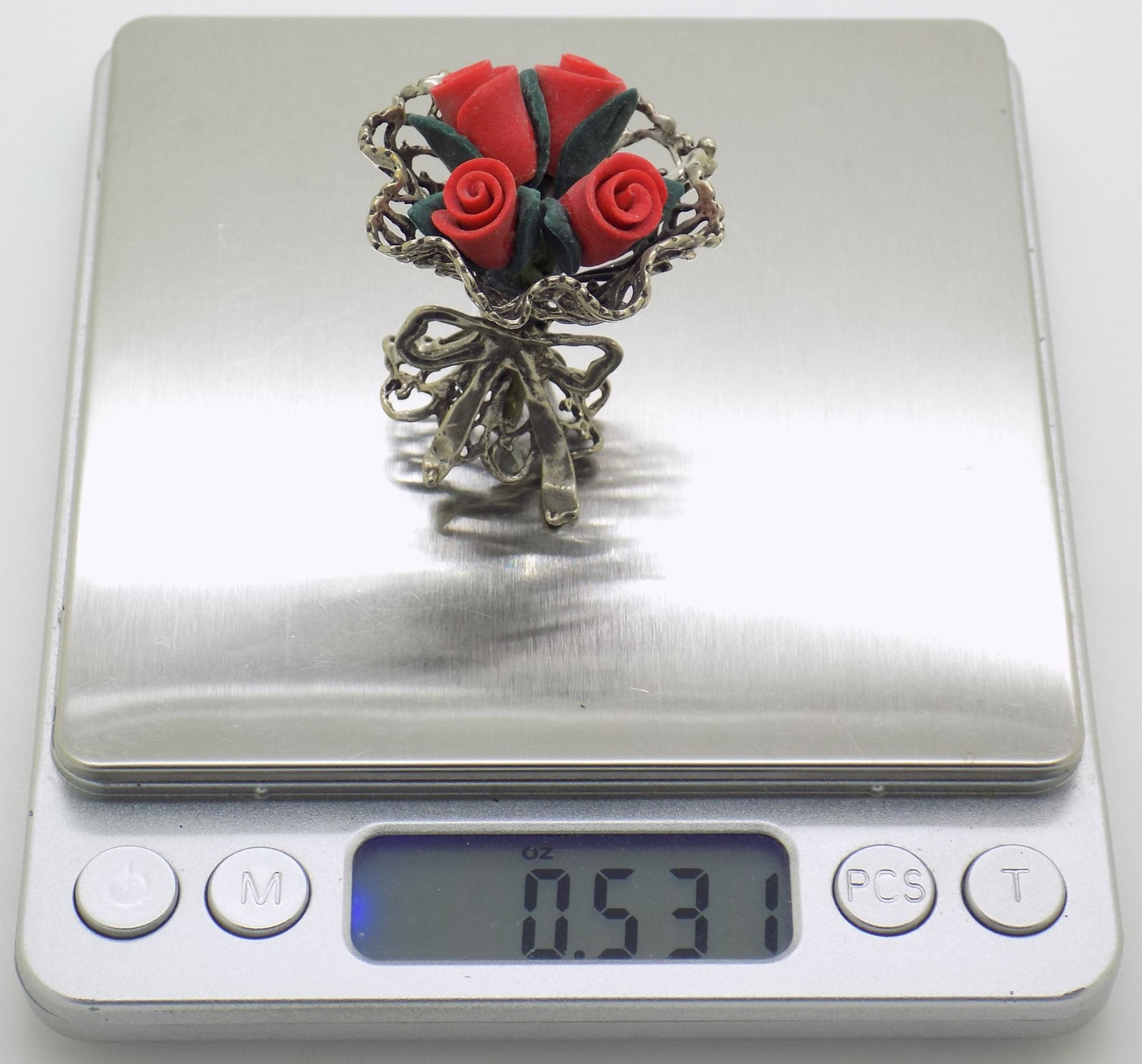 Vintage Handmade Italian Genuine Silver Rose Bouquet Dollhouse Miniature