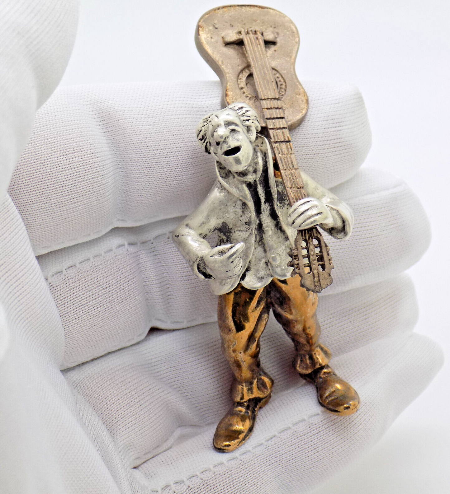 Vintage Italian Handmade Genuine Silver & Brass ANGINI Guitarist Clown Figurine