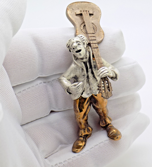 Vintage Italian Handmade Genuine Silver & Brass ANGINI Guitarist Clown Figurine
