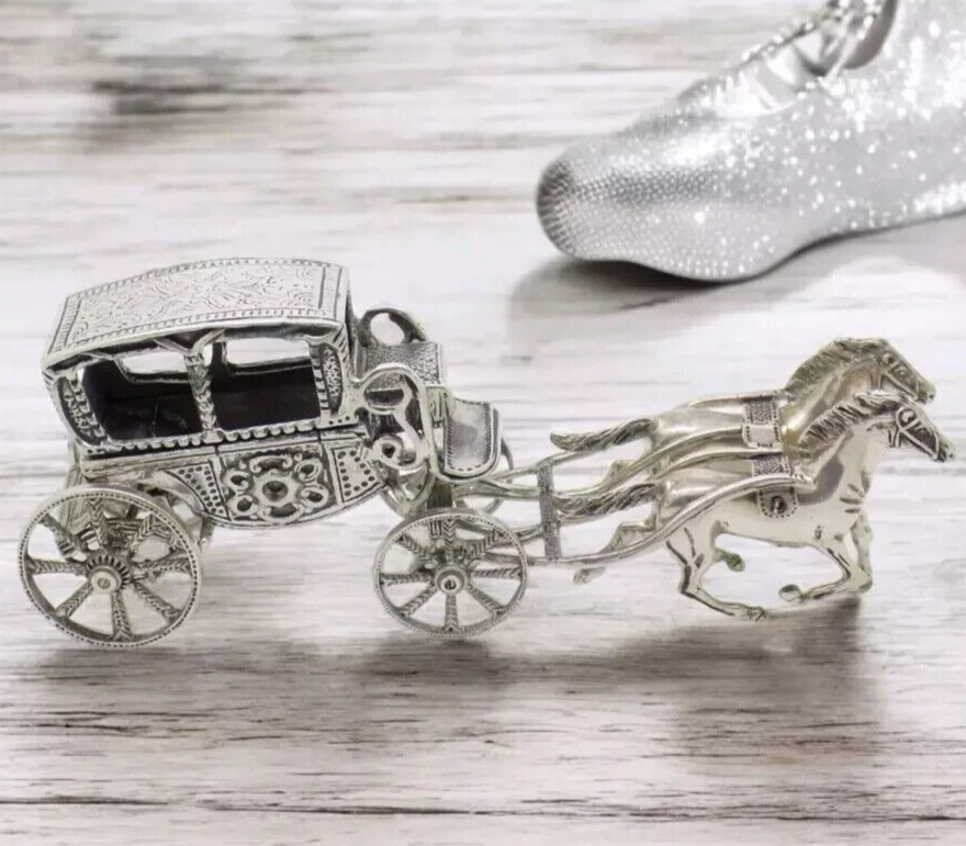 Vintage Italian Handmade Genuine Silver Large Royal Carriage w/t Horses Statue