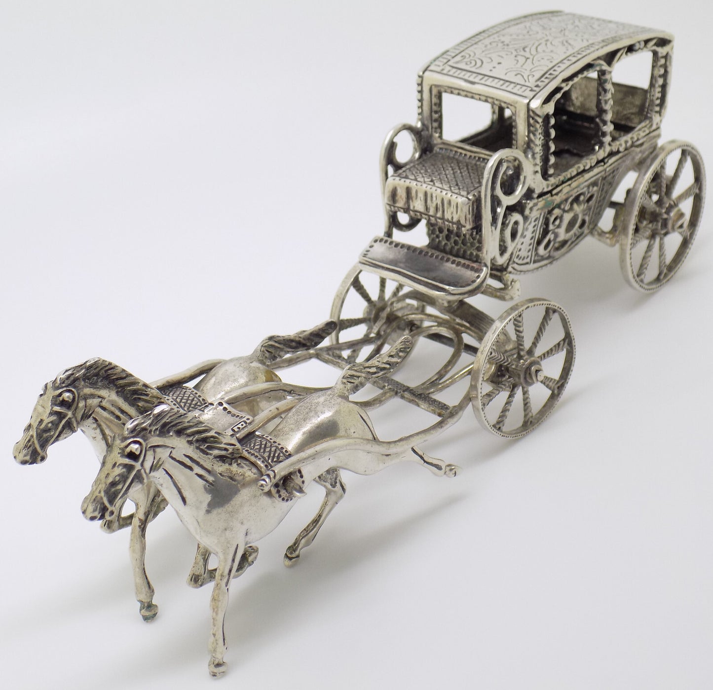 Vintage Italian Handmade Genuine Silver Large Royal Carriage w/t Horses Statue