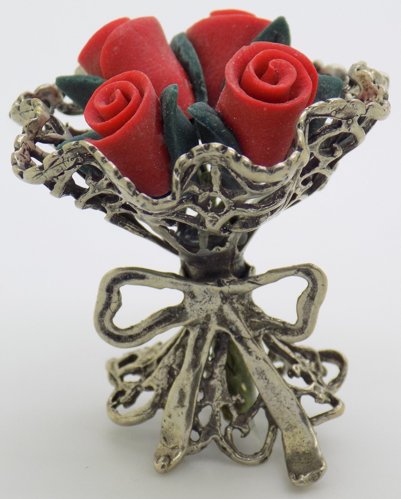 Vintage Handmade Italian Genuine Silver Rose Bouquet Dollhouse Miniature