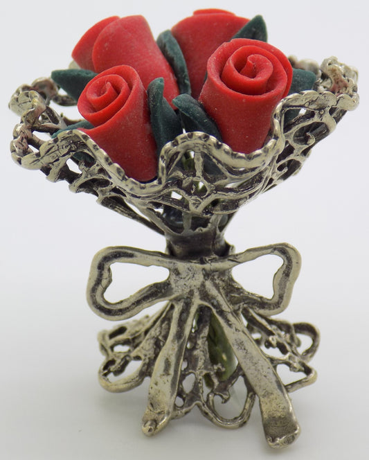 Vintage Handmade Italian Genuine Silver Rose Bouquet Dollhouse Miniature