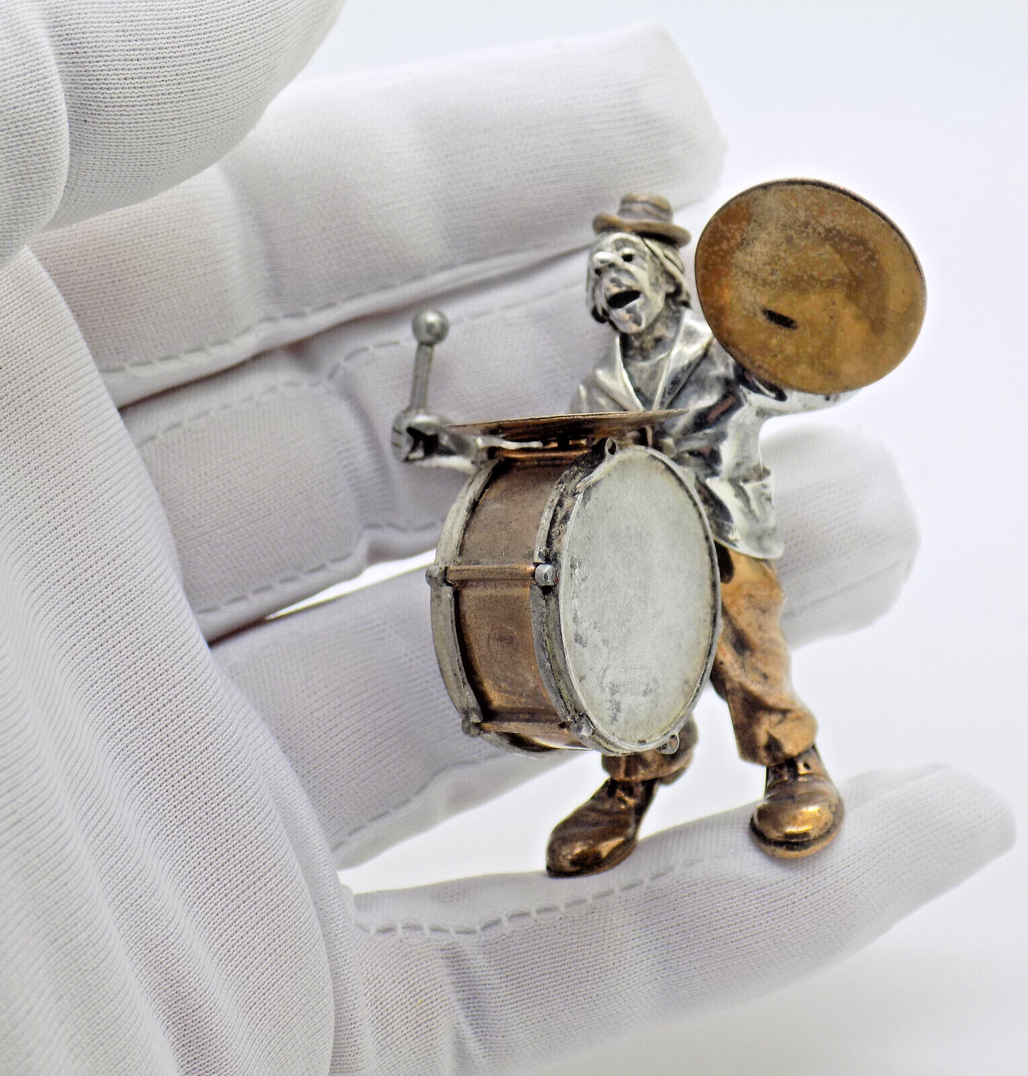 Vintage Italian Handmade Genuine Silver & Brass Rare ANGINI Clown w/t Drums Rare
