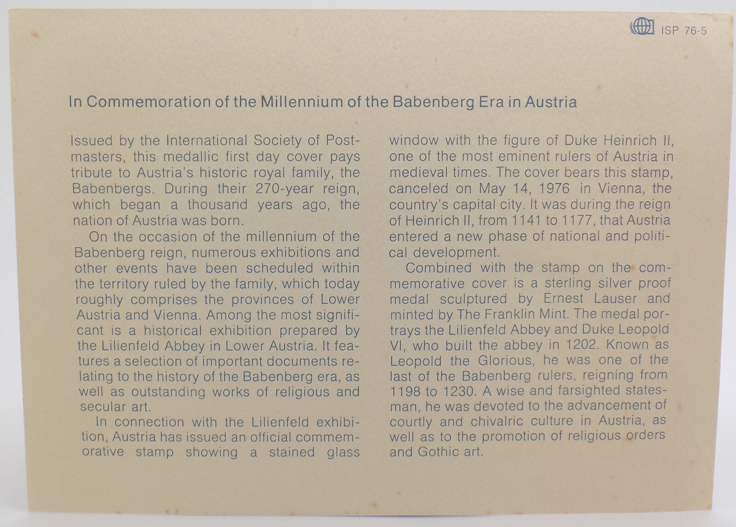 1976 Int'l Society of Postmasters Babengerg Era in Austria Silver Medal + FDC