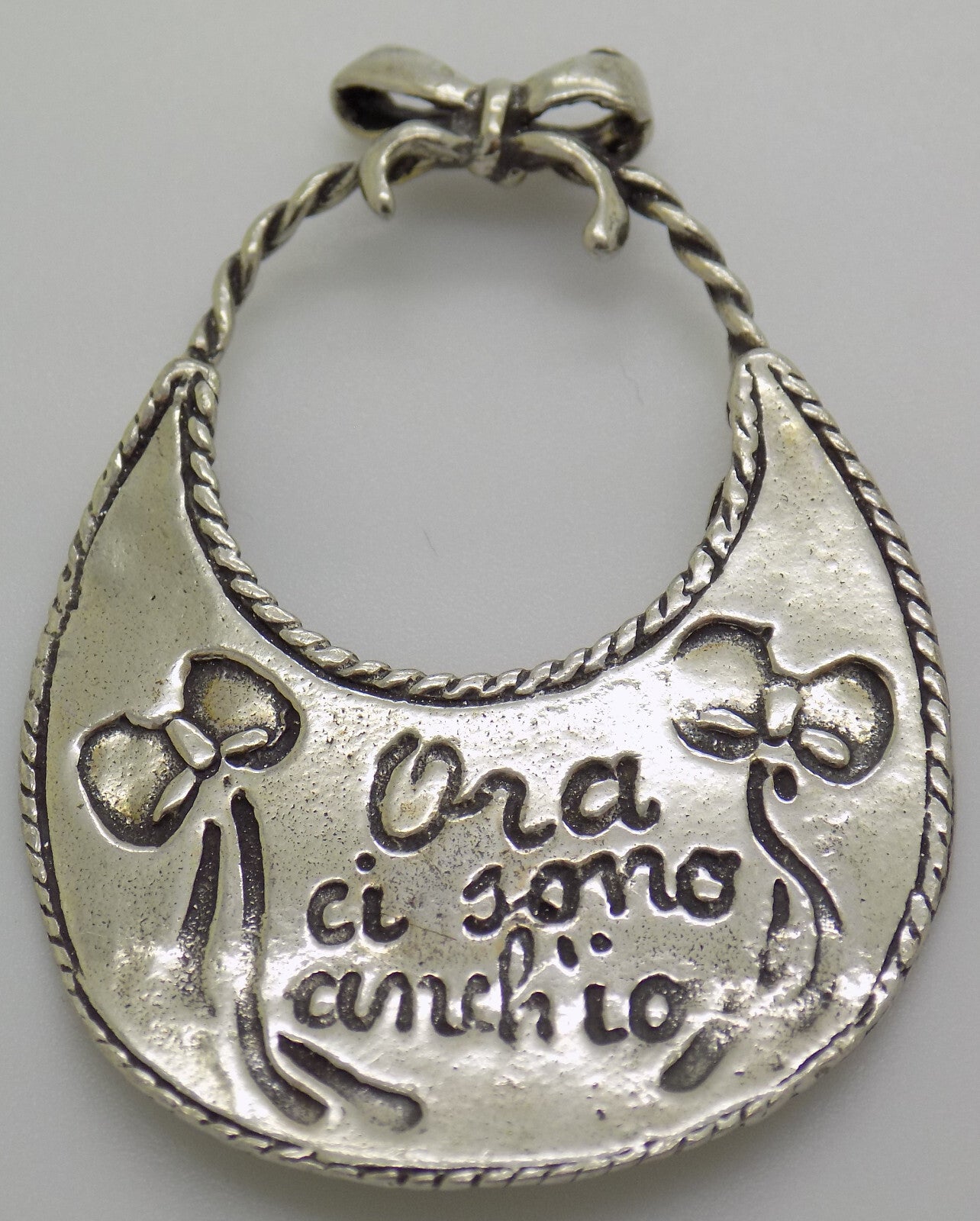 Vintage Italian Handmade Genuine Silver Baby Bib "Ora ci sono anch'io" Miniature