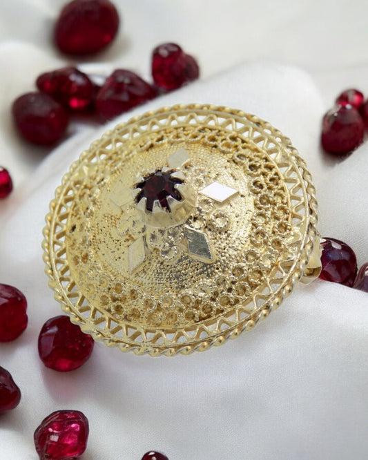 Vintage Italian Handmade Genuine Silver .800 Ruby Colored Stone Gilded Brooch