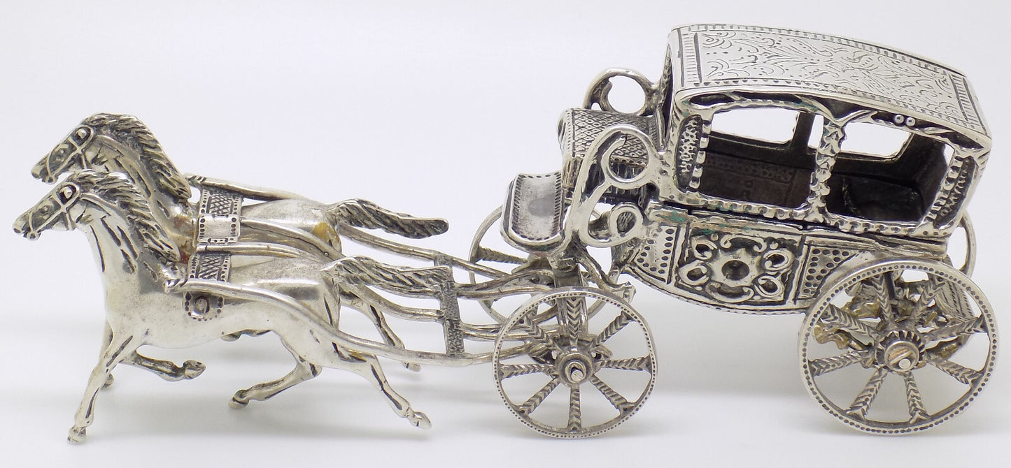 Vintage Italian Handmade Genuine Silver Large Royal Carriage w/t Horses Statue