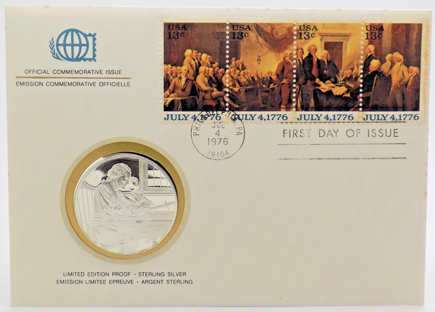 1976 Bicentennial First Day Cover Stamps & Sterling Medal with Thomas Jefferson