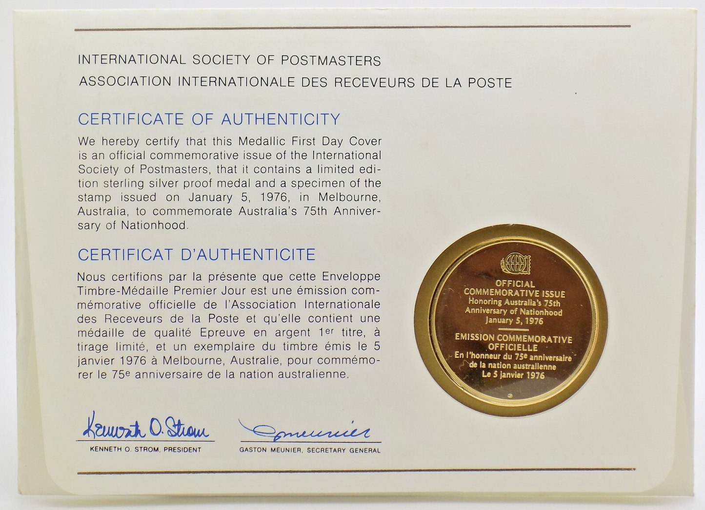 1976 Australia Nationhood INT'L Society of Postmasters Silver Proof Medal PNC