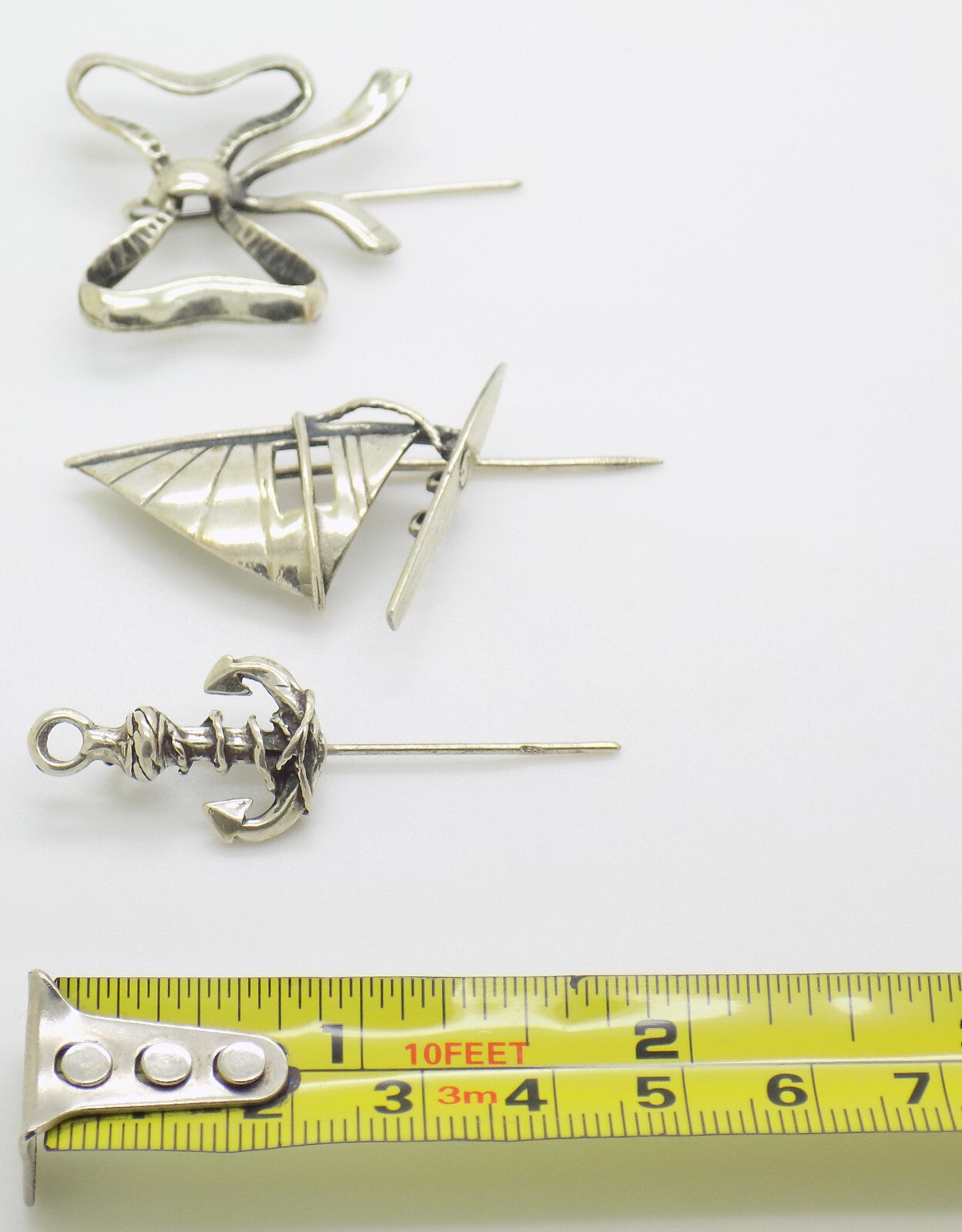 Vintage Italian Handmade Genuine Silver 3 x Brooches Anchor Ribbon and Windsurf