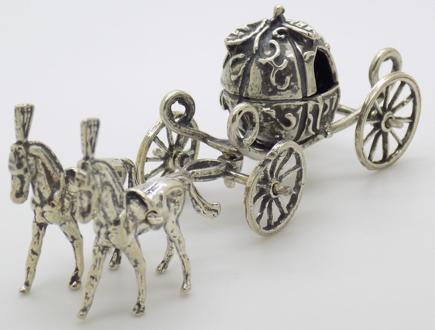 Vintage Italian Handmade Genuine Silver 800 Royal Carriage w/t 2 Horses Figurine