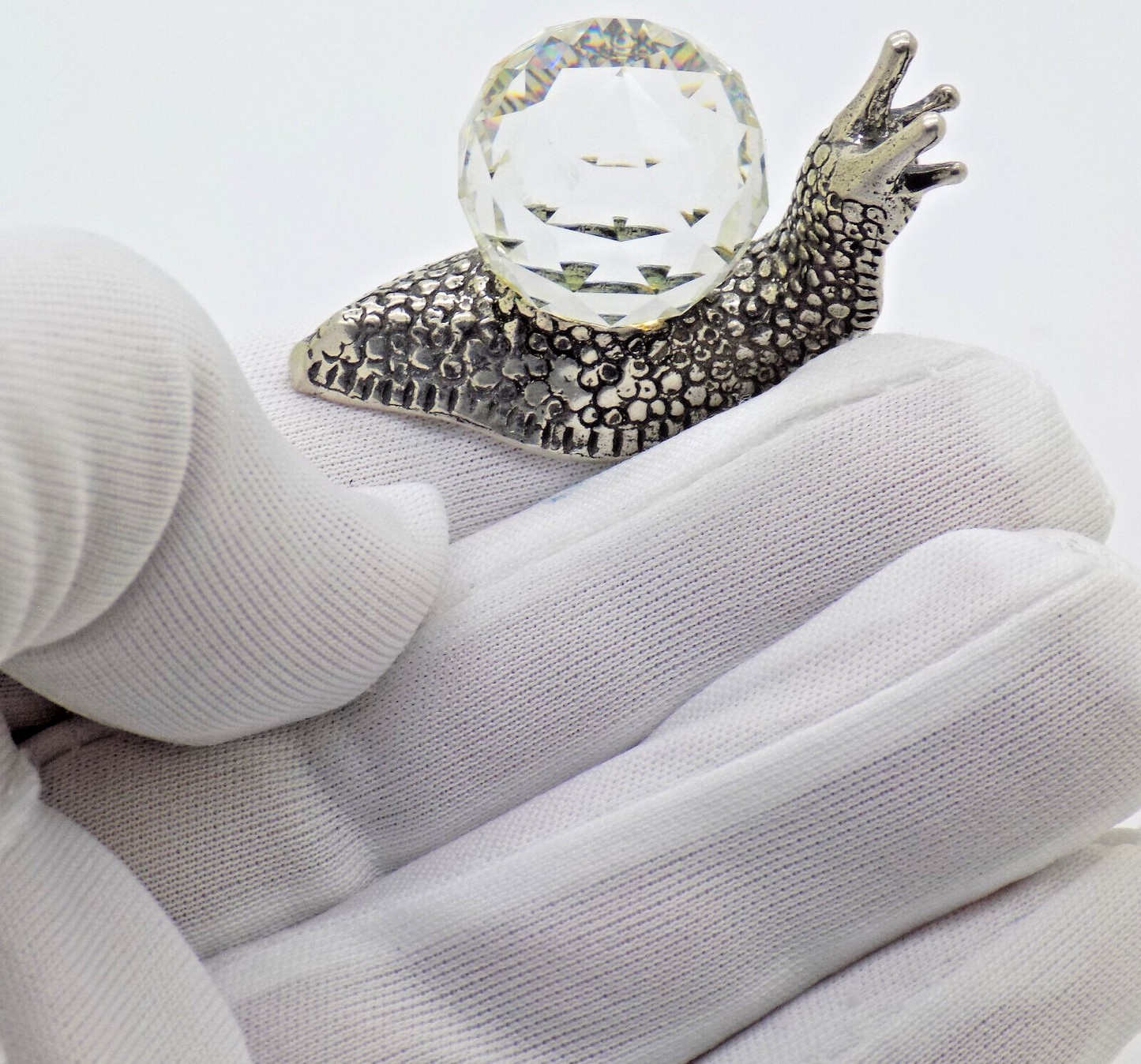 Vintage Italian Handmade Genuine Silver .800 & Crystal LIFE SIZE Snail Figurine