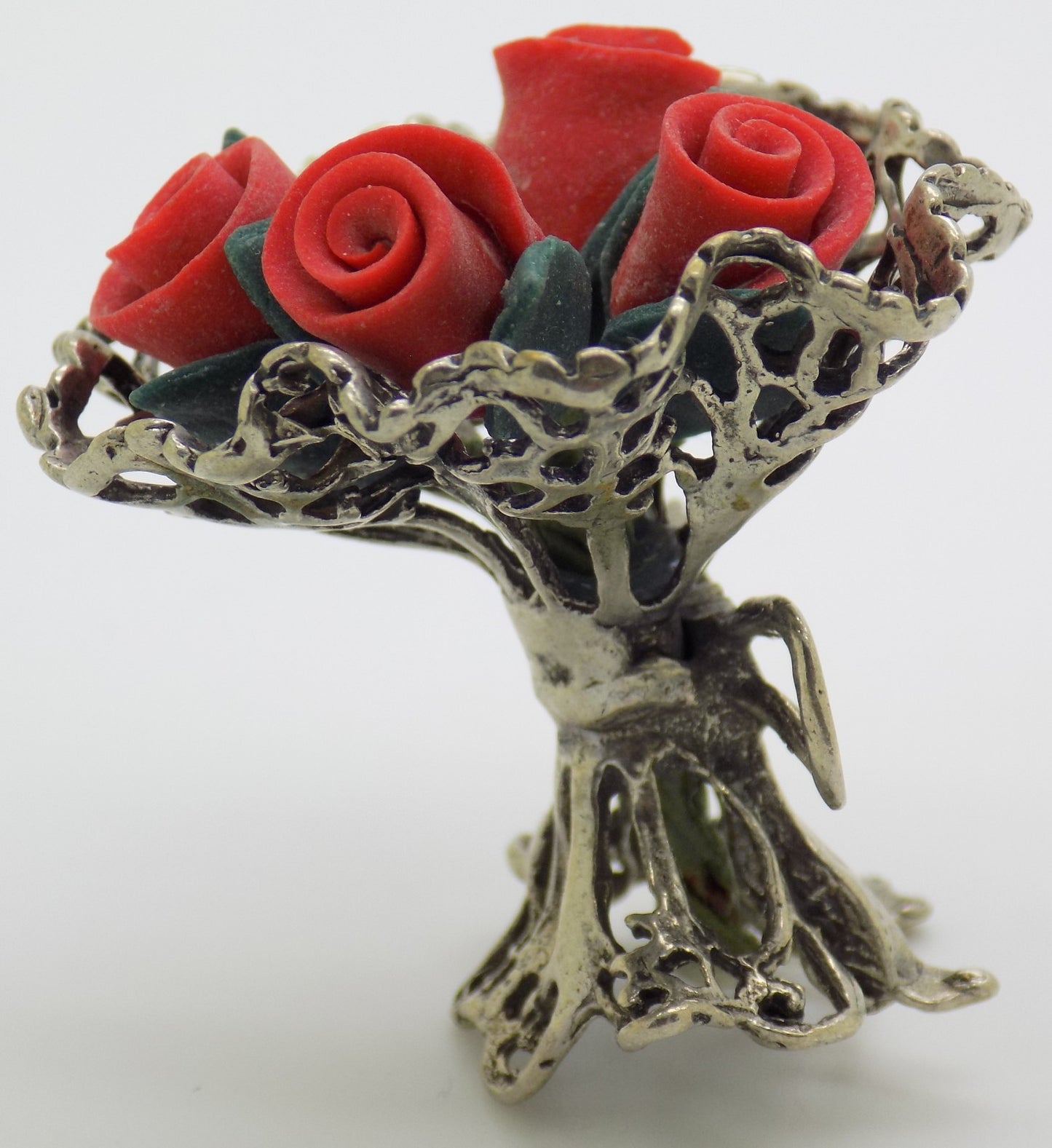 Vintage Handmade Italian Genuine Silver Rose Bouquet Dollhouse Miniature