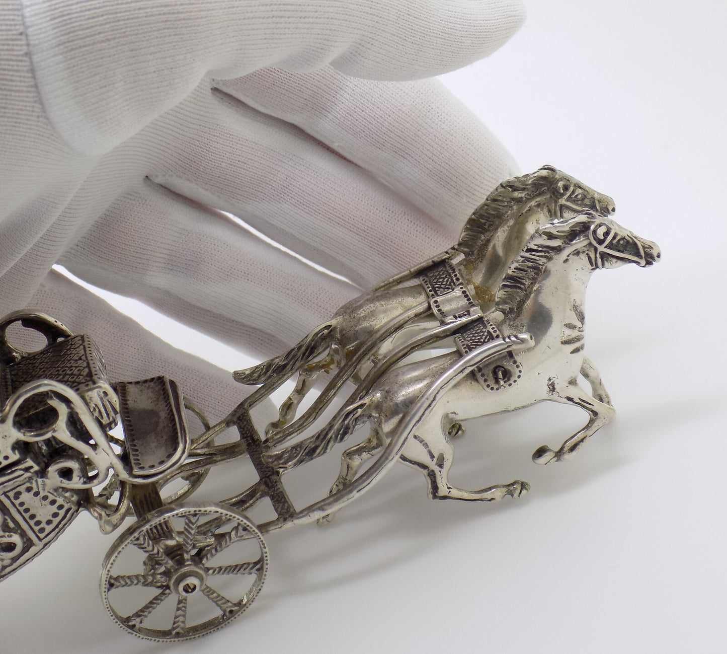 Vintage Italian Handmade Genuine Silver Large Royal Carriage w/t Horses Statue
