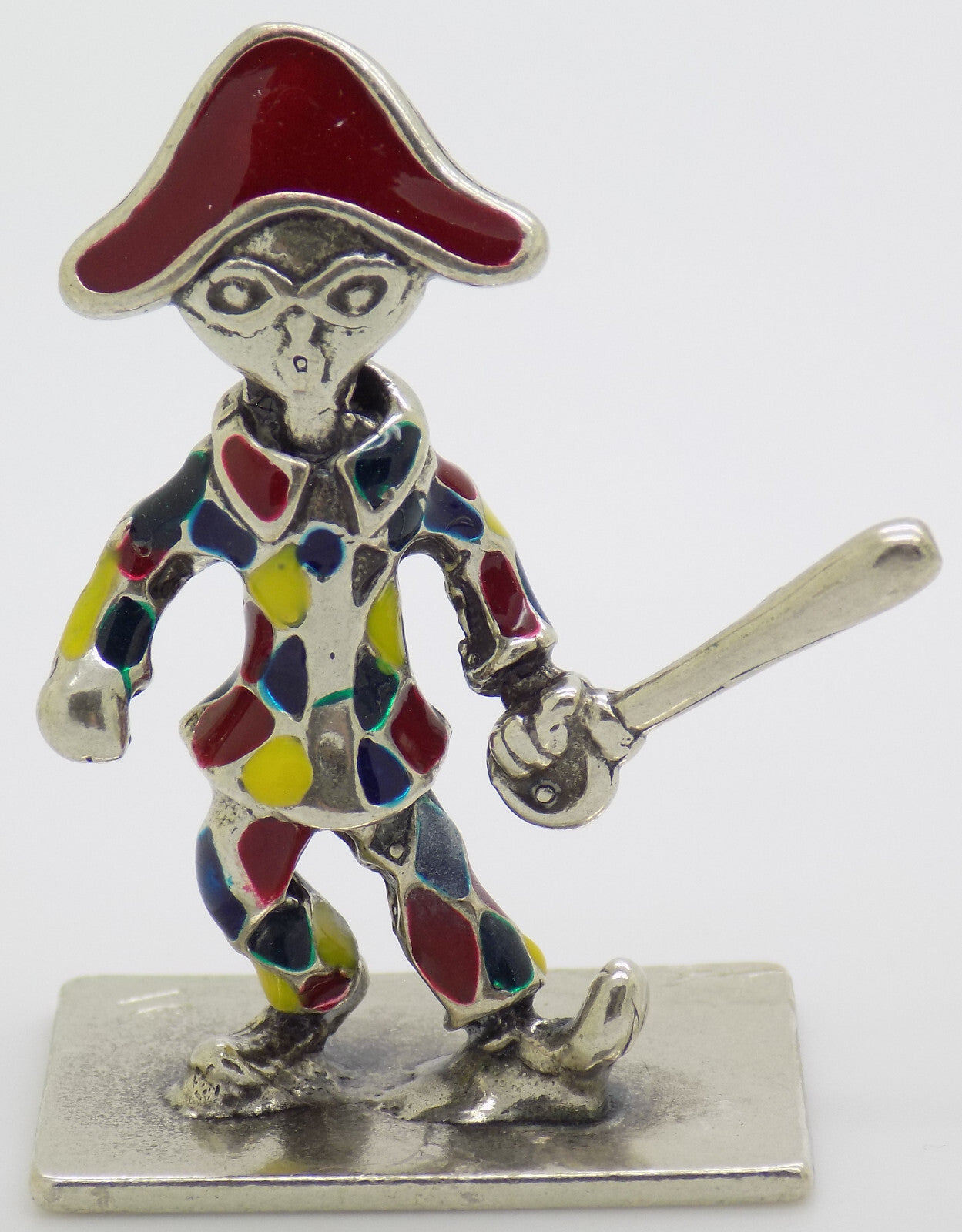Vintage Italian Handmade Genuine Silver .800 Carnival Harlequin Enamel Figurine