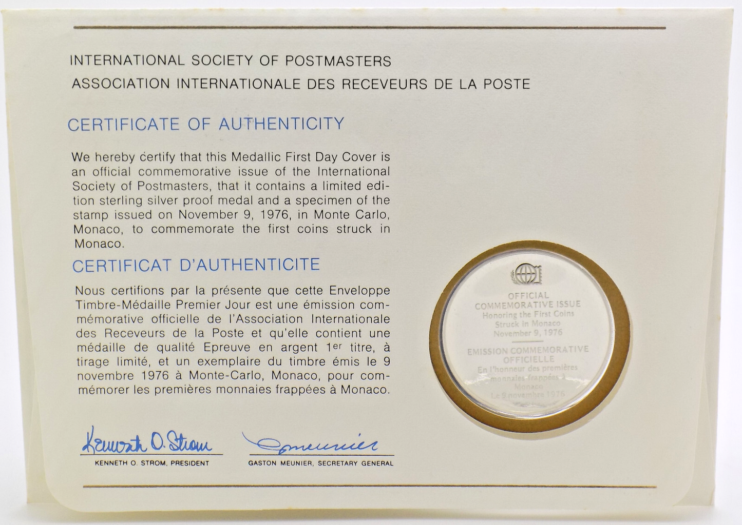 1976 Int'l Society of Postmasters The First coins Struck in Monaco Silver Medal